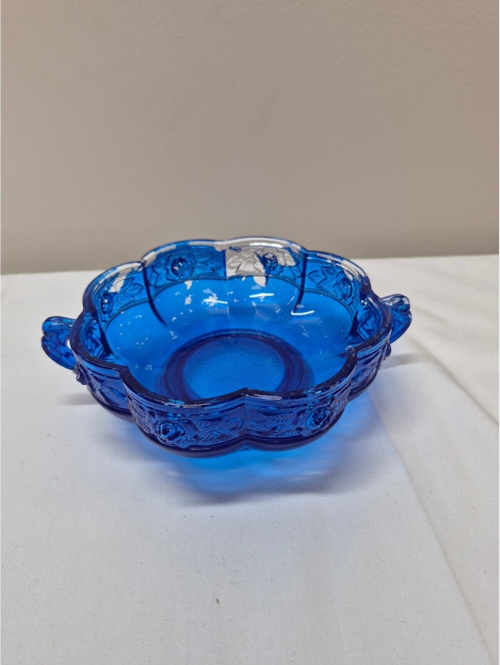 Vintage Glass Decorative Bowl with Blue Paint and Handles J4